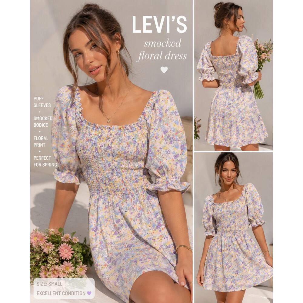 Levi’s Floral Smocked Puff Sleeve Cottagecore Mini Dress S Pastel Romantic Fairy